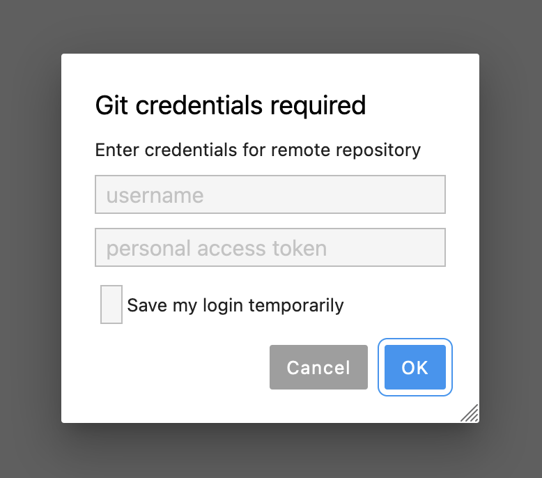 Screenshot of Git credentials required dialog.