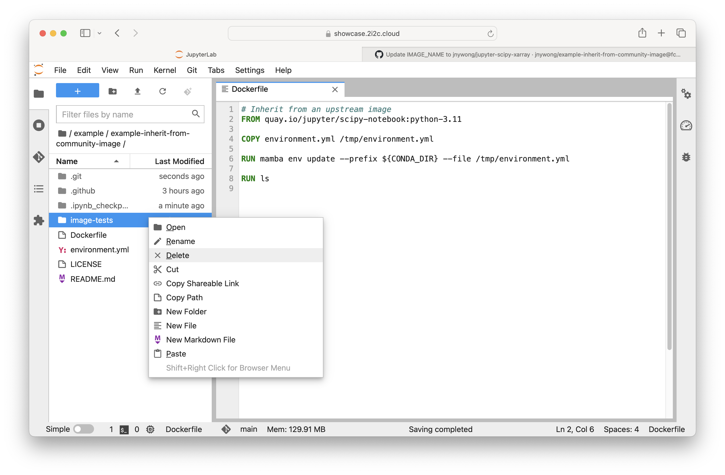 Screenshot of updating the Dockerfile.