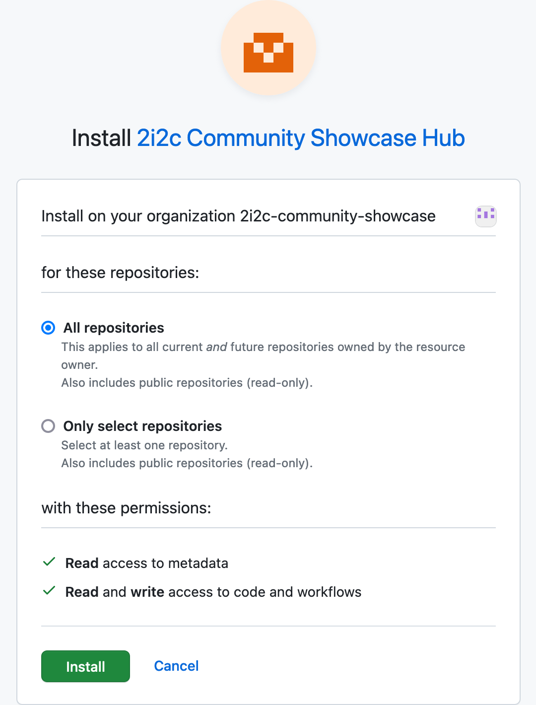 Screenshot of the page to install a GitHub App showing where to select the repositories you want to install `gh-scoped-creds` for and check for which read-write permissions there are.