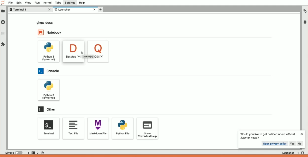 JupyterLab launcher showing tiles for VS Code, RStudio, Terminal, and Desktop