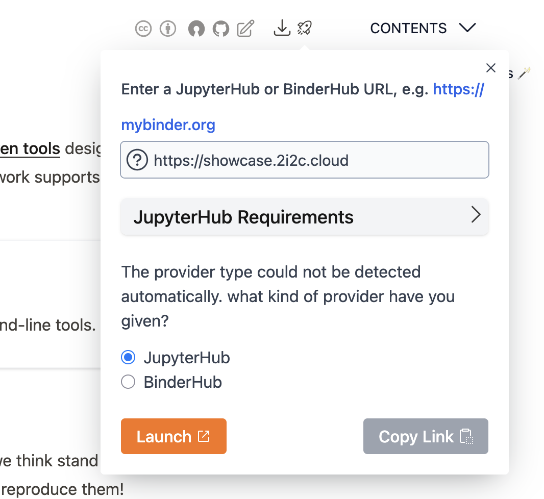 The launch button pop-up with the 2i2c showcase hub URL pasted. Clicking the Launch button will ask your user to log-in, and then launch an interactive Jupyter server with the source file of the current page loaded for editing.