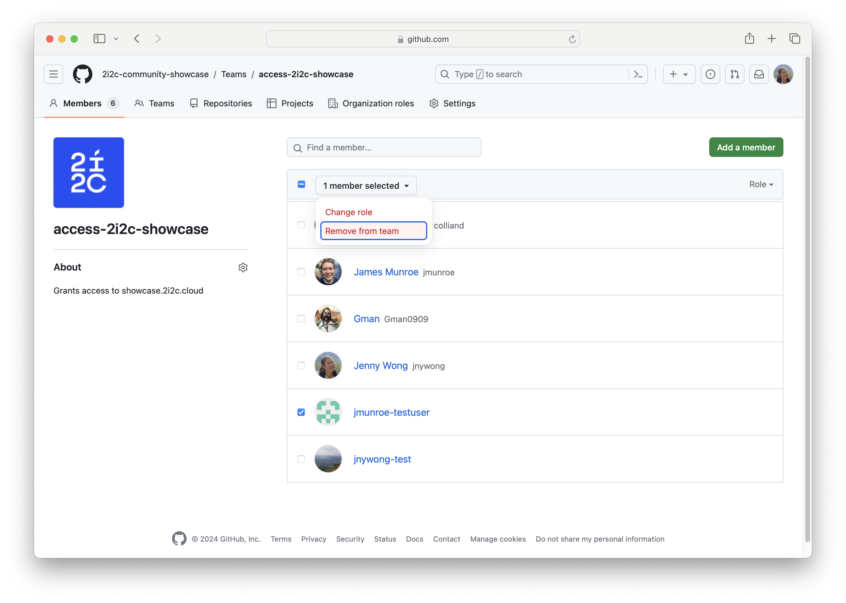 Screenshot showing how to remove a member from the access-2i2c-showcase GitHub Team.