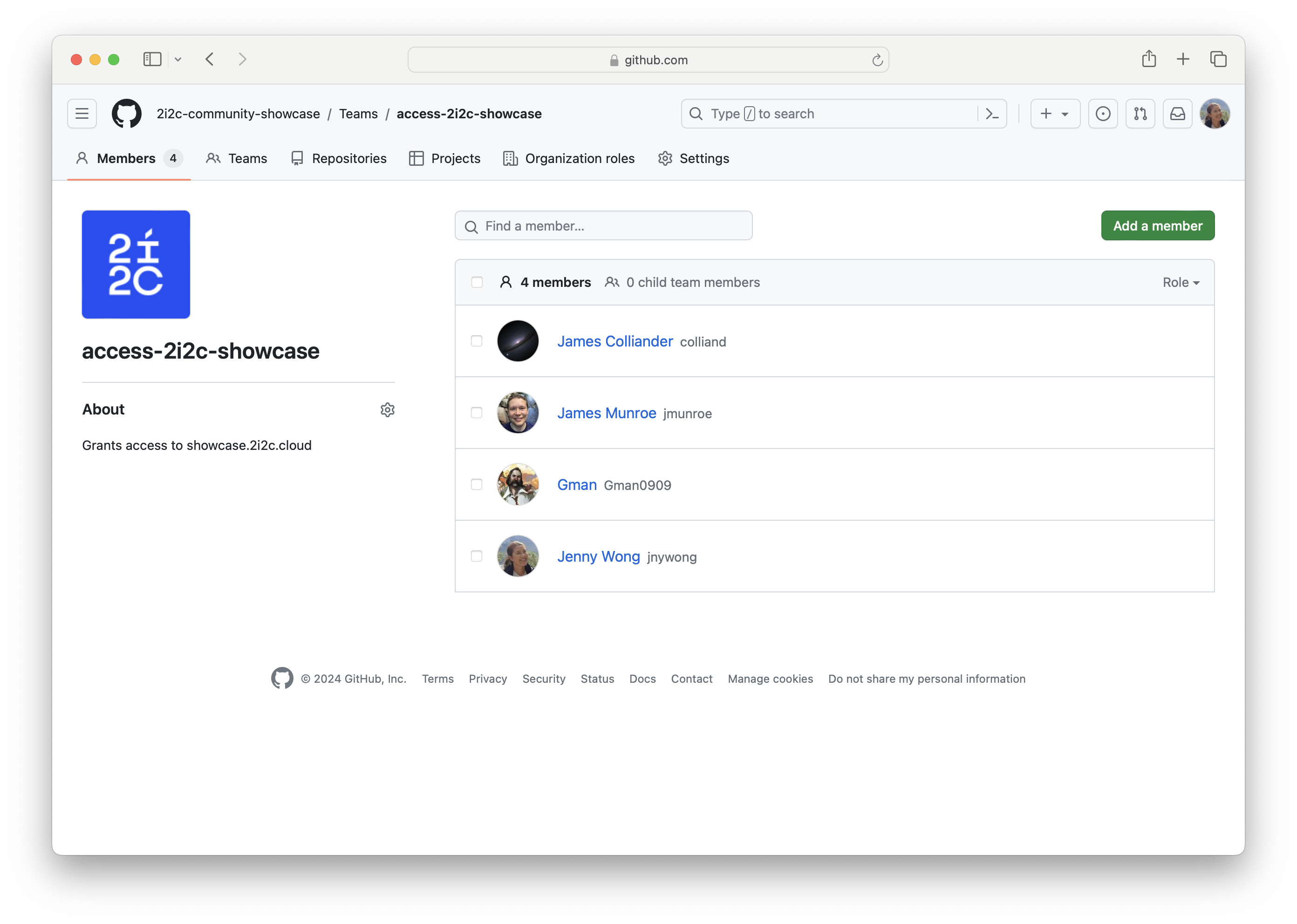 Screenshot showing a list of members of the access-2i2c-showcase GitHub Team.