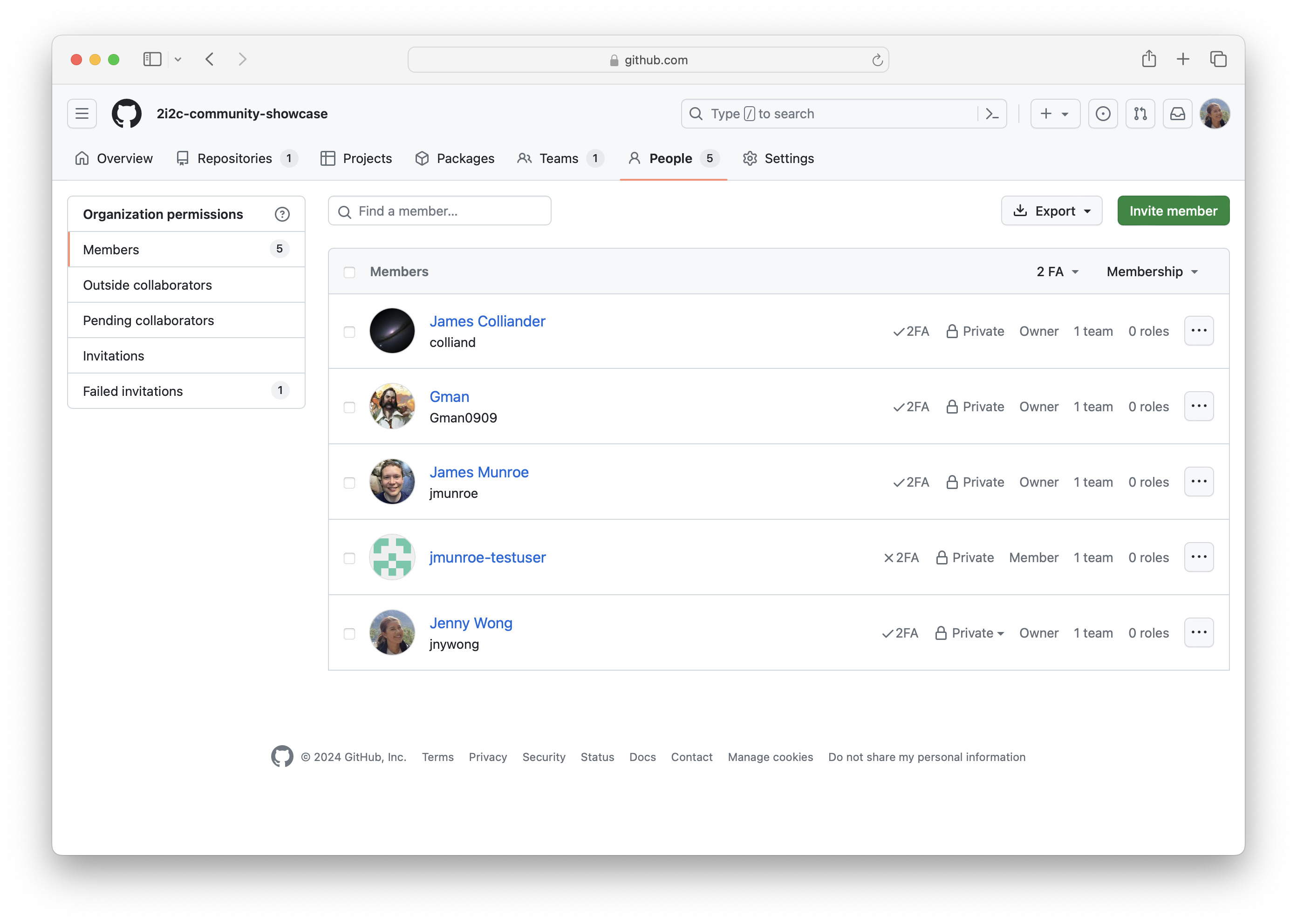 Screenshot showing a list of members of the 2i2c-community-showcase GitHub Organization.