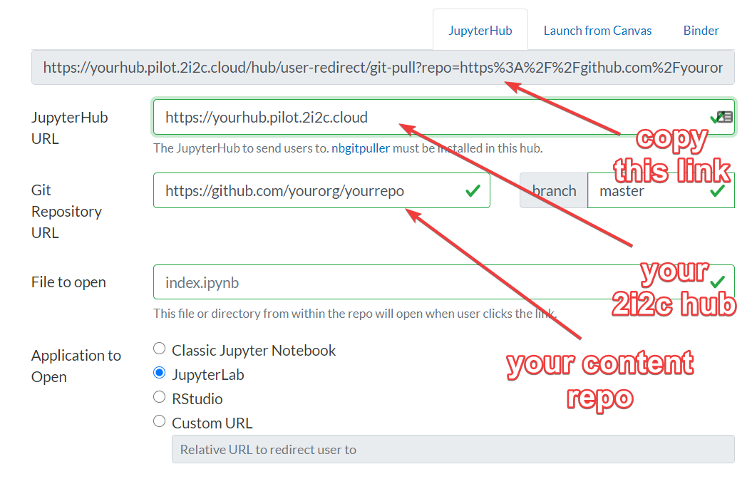 The nbgitpuller.link user interface, along with
some important fields highlighted.