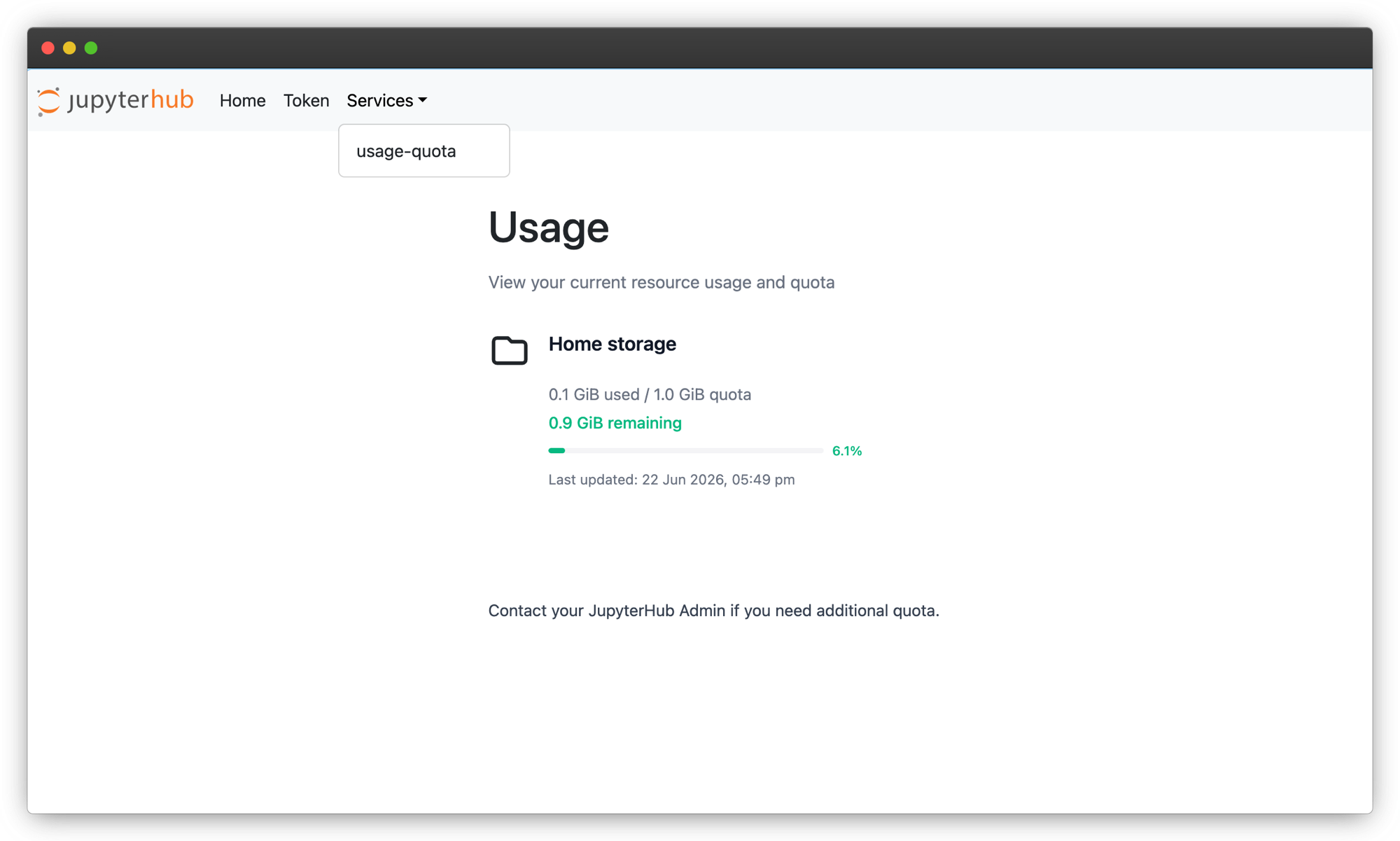 The Usage dashboard opened from the Services menu, showing the Home storage section with usage, quota, amount remaining, and a percentage-used progress bar.