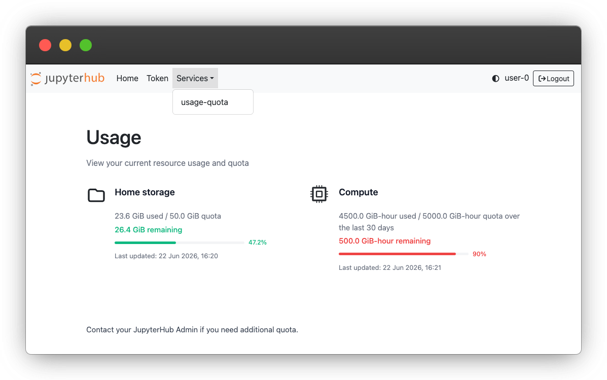 The Usage dashboard showing the Home storage and Compute sections, each with usage, quota, amount remaining, and a percentage-used progress bar.